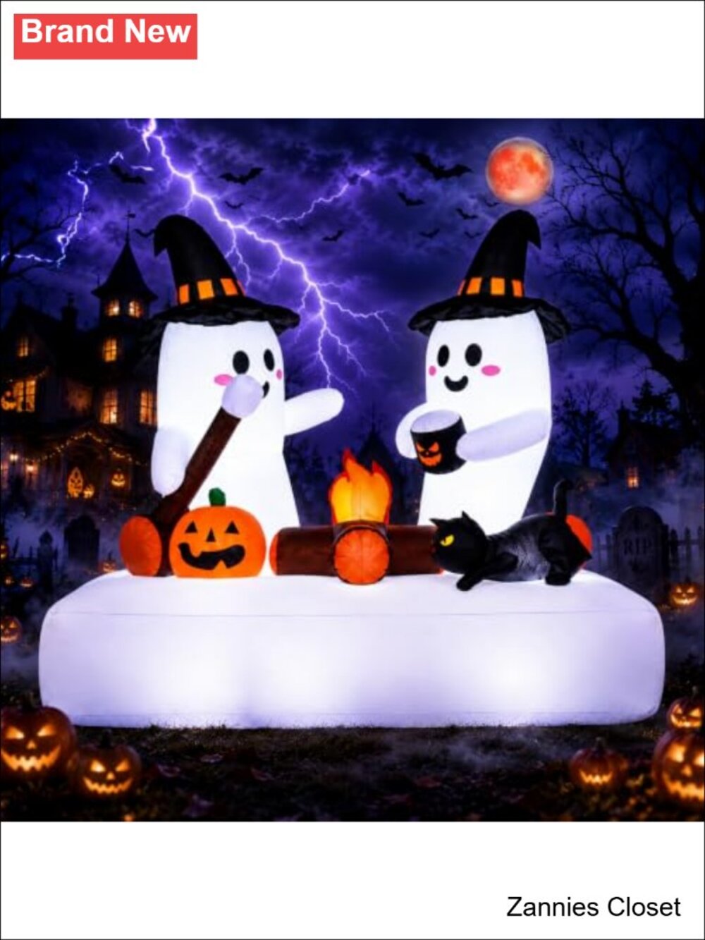👻 5.5FT Halloween Inflatable Twin Ghosts Campfire Pumpkin Black Cat Yard Decor